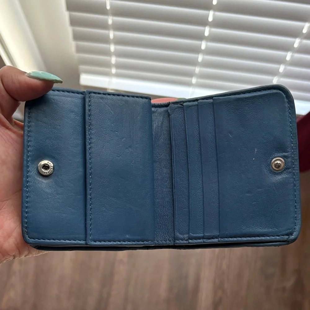 Balenciaga Teal Blue Leather Card Holder with White Logo